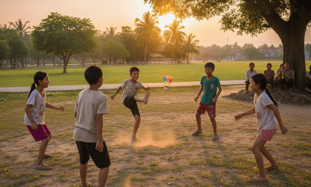 Players use only their feet, knees, chest, and head to keep the shuttlecock airborne; no hands are allowed